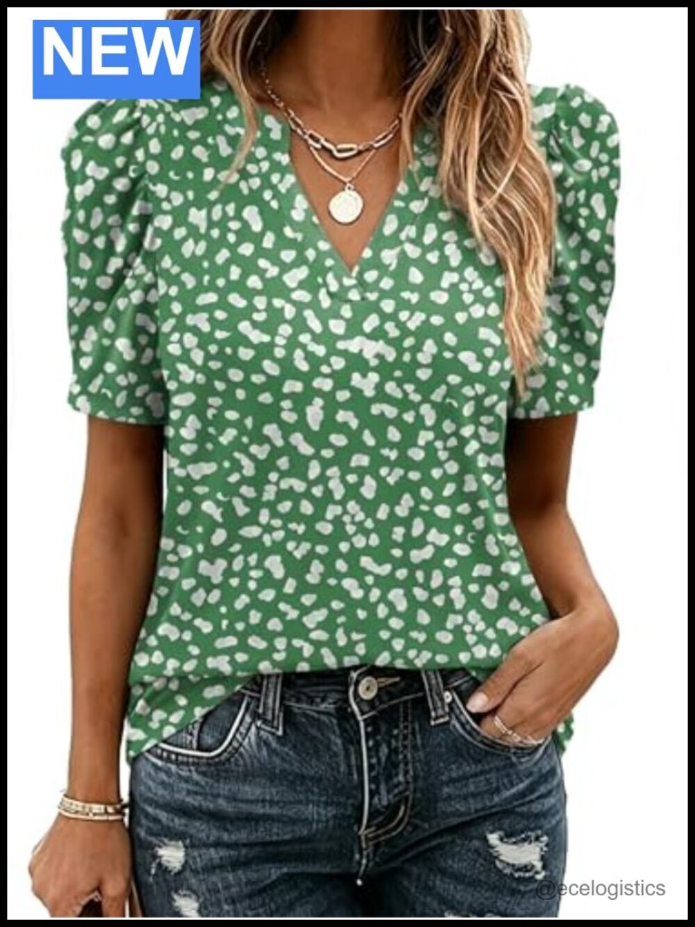 Puff Short Sleeve V Neck Blouse Dressy Casual Spring Tunic